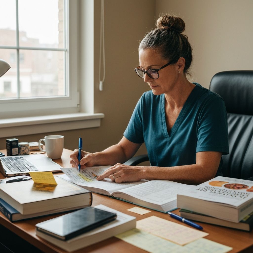 Professional workspace with research materials about nutrition and wellness